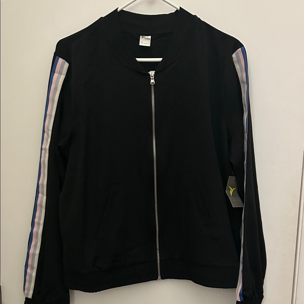 Old Navy Black Zip-Up Sweatshirt with Striped Sleeves